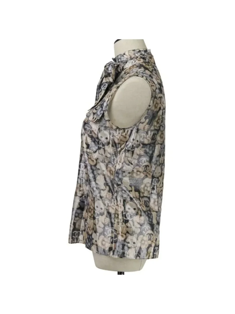 Chanel Choupette Coco Mark Print Sleeveless Silk Blouse with Ribbon Tie